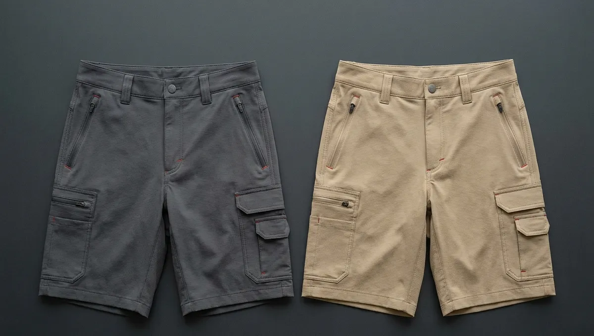 Same blank cargo short construction shown in two colourways, no logo, no print, neutral background
