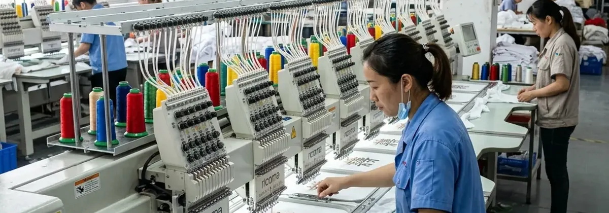 Embroidery machines stitching an in-progress design on the decoration workshop floor, generic artwork, part of the logo-application process