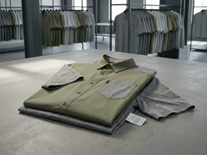 Blank fishing shirt, folded, no logo, no print, on a table in the sewing workshop
