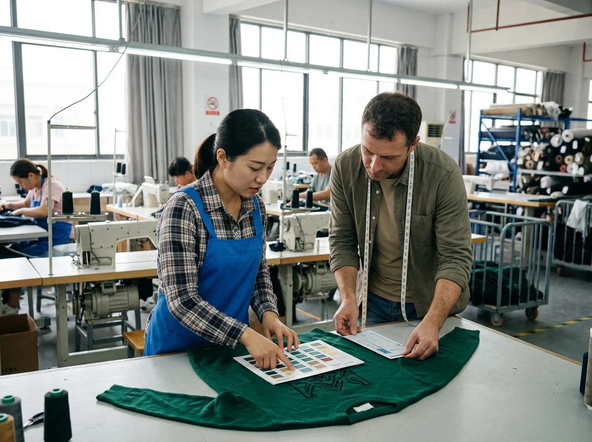 Buyer and factory staff checking a colour chart and spec sheet against a folded garment