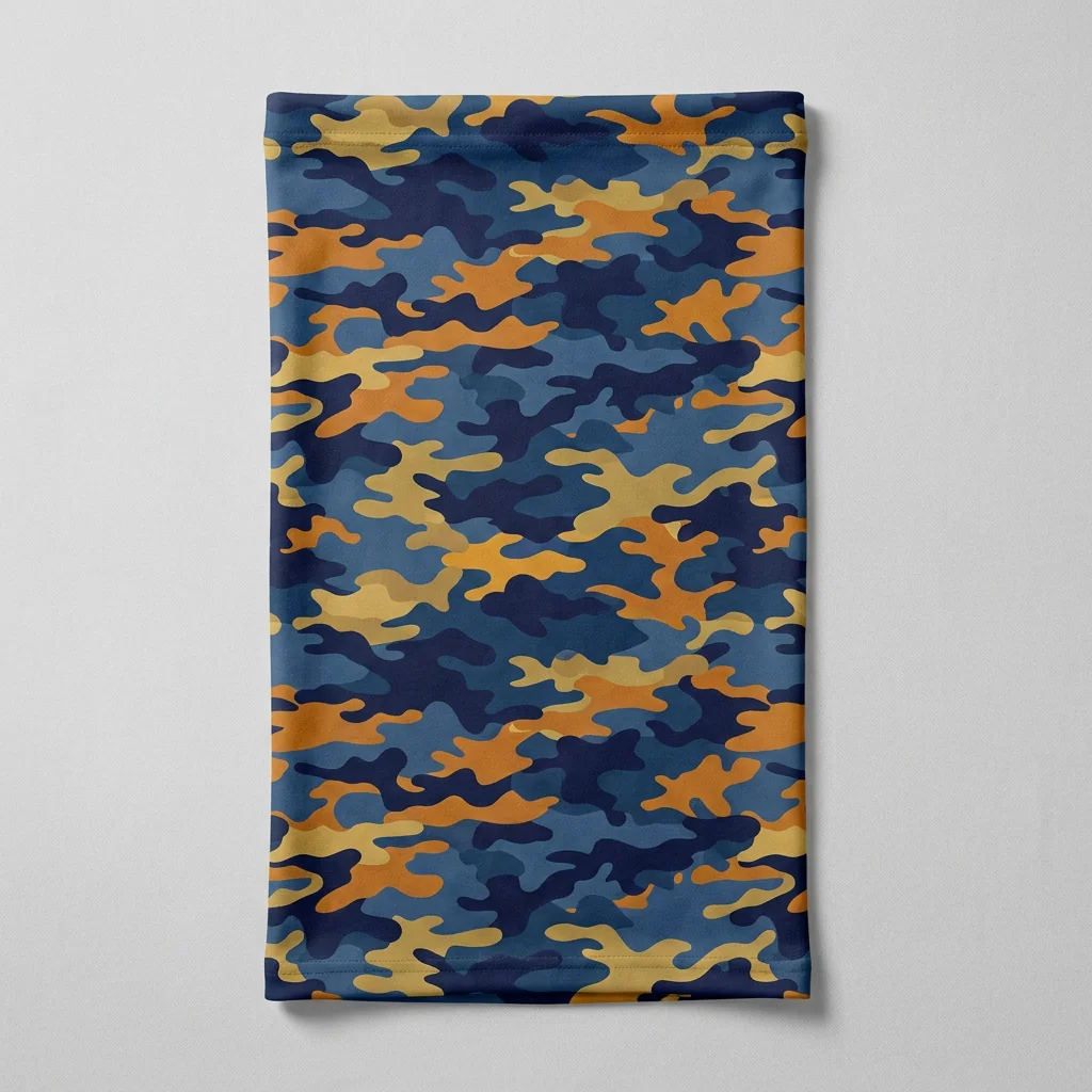 Custom fishing neck gaiter with all-over camouflage print, an attachment piece in a sun line