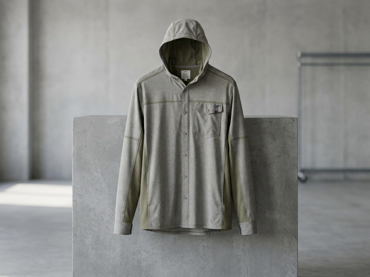 Hooded UPF fishing shirt, one of three pieces that claim the head and neck zone