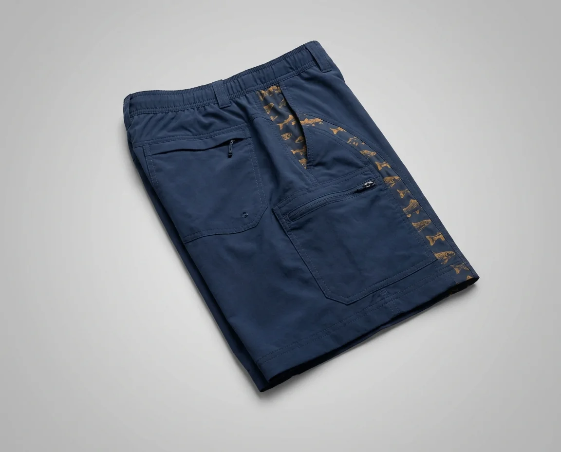 Performance fishing shorts laid flat, showing the leg area they leave uncovered