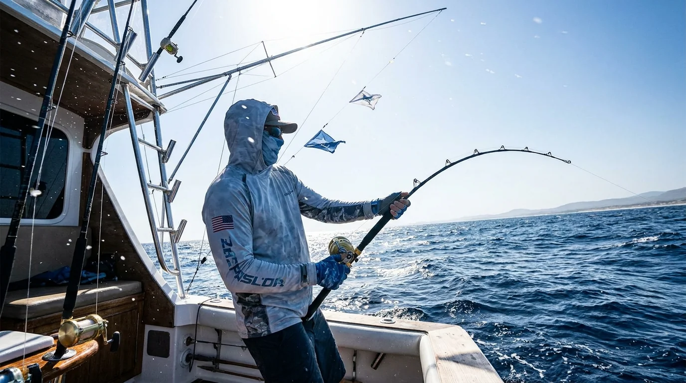 Offshore deep-sea fishing scene under open sky, the exposure a sun protection line is planned against