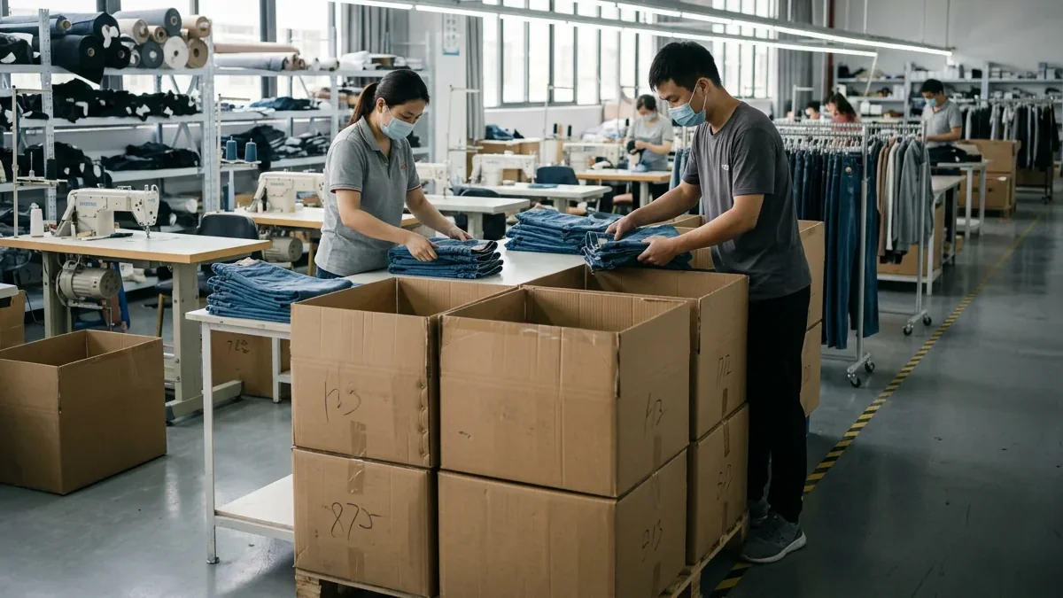 Folded finished garments being packed into cartons before shipment