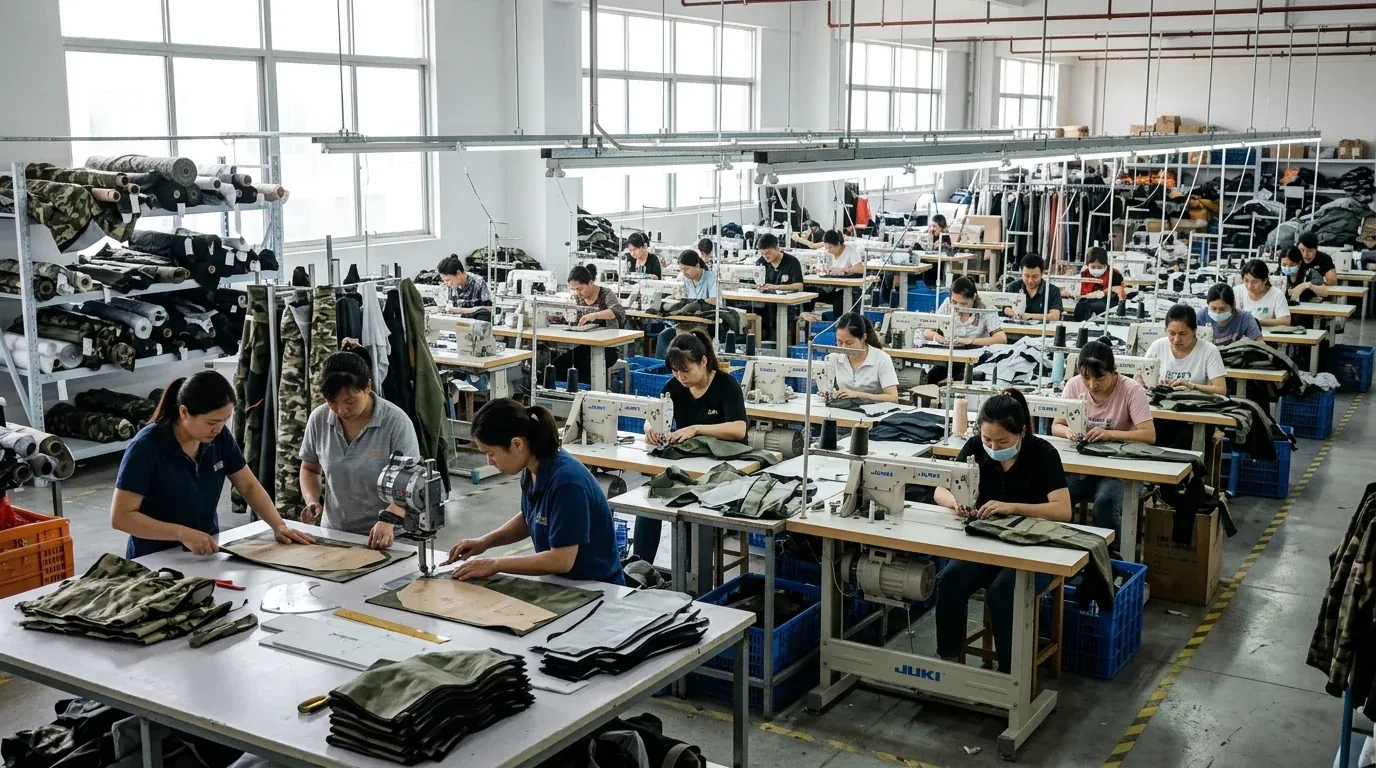Factory floor with cutting tables and parallel sewing lines running side by side